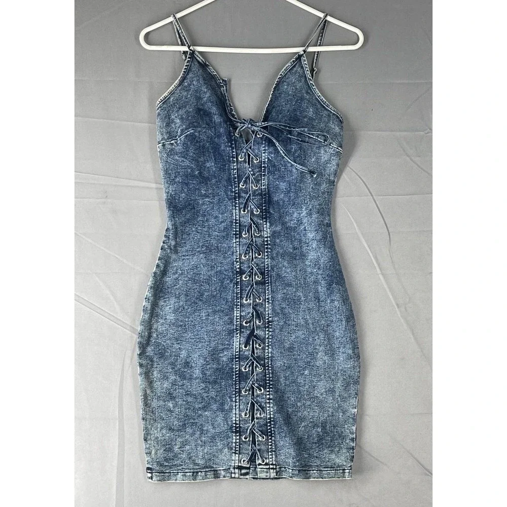 Windsor's Laced Up In Denim Dress Bodycon‎ V-neck Spaghetti Straps Sz S Grunge